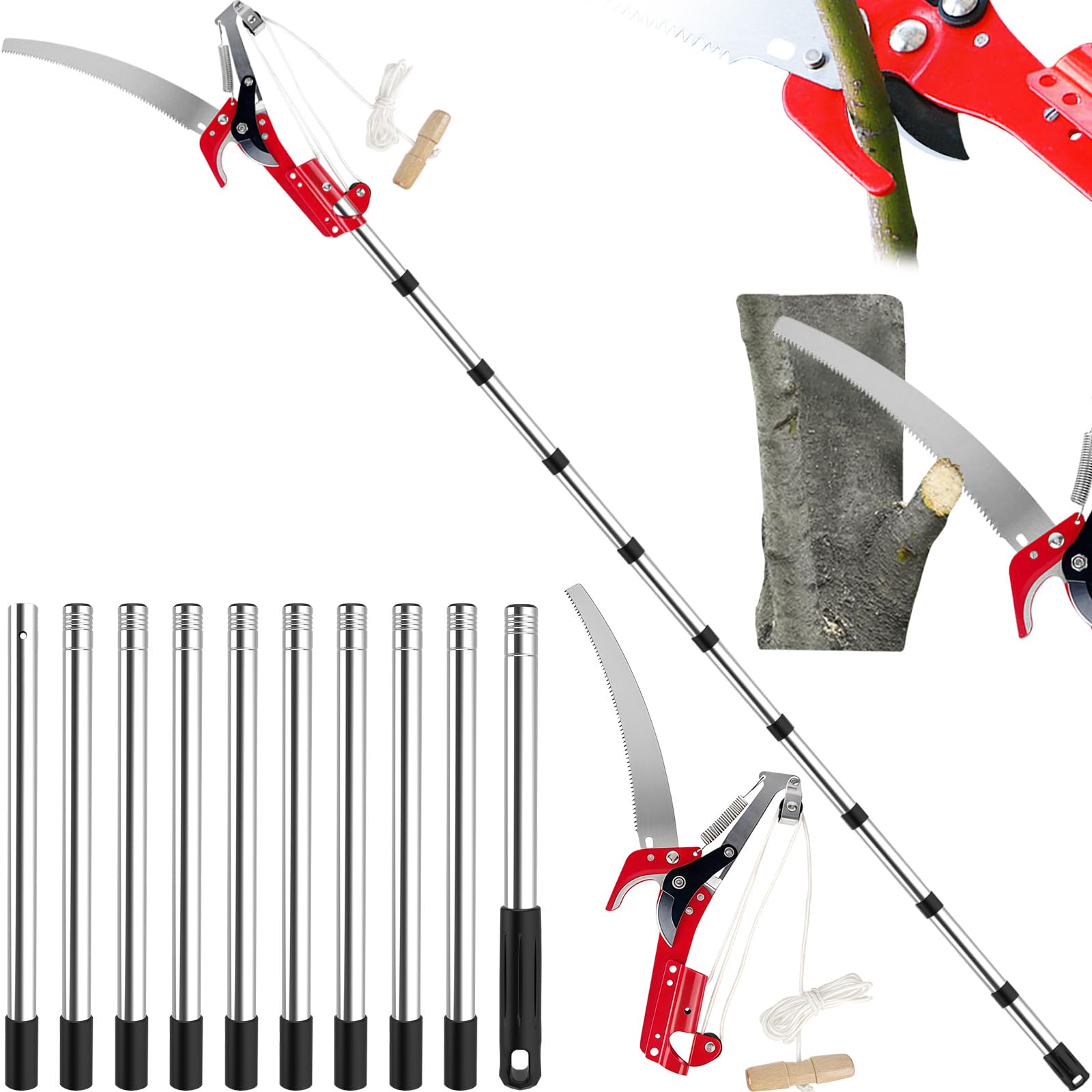 Tree Loppers Long Reach Telescopic, 82-402cm Long Reach Pruner with Extendable Handle & 33cm Saw, Lightweight Telescopic Tree Pruner Branch Cutters, Pulley Pole Pruner Hand Garden Loppers