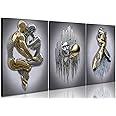Modern Bedroom Wall Art Set of 3-3D Metal Effect Couple Canvas Paintings Wall Decor, Abstract Figure Statue Art Prints for Living Room Home Decor - 12x16in Framed