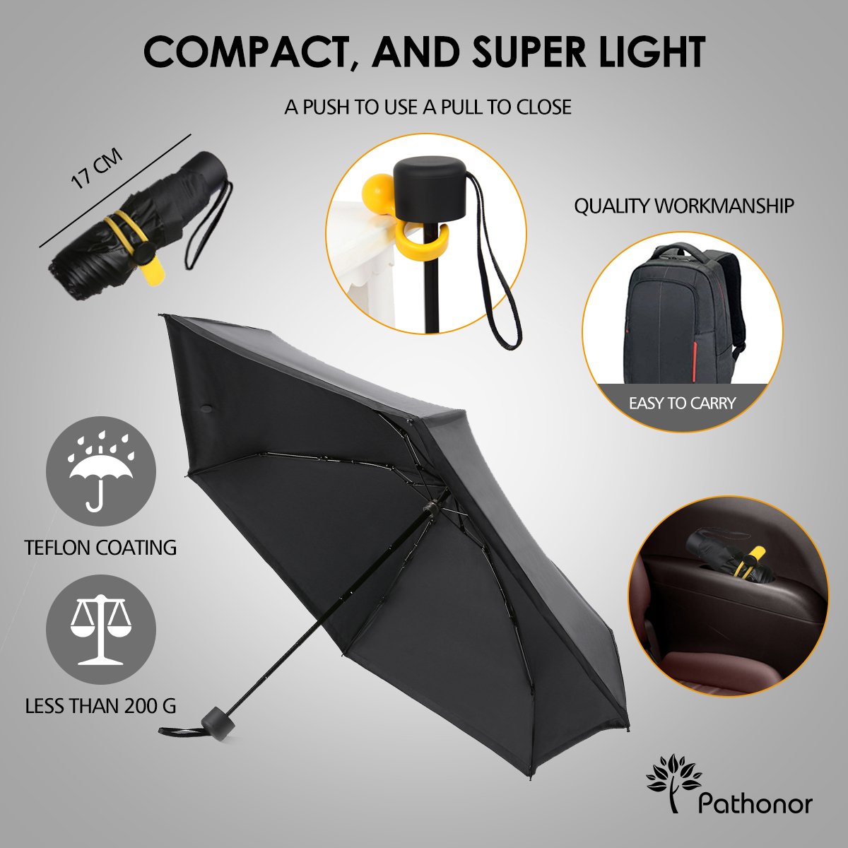 Regenschirm mini leicht, Pathonor Taschenschirm Regenschirm faltender Visier-Sonnenschutz-Regenschirm Im Freien UV-faltender Regenschirm, klein, leicht & kompakt, 180 g(schwarz)