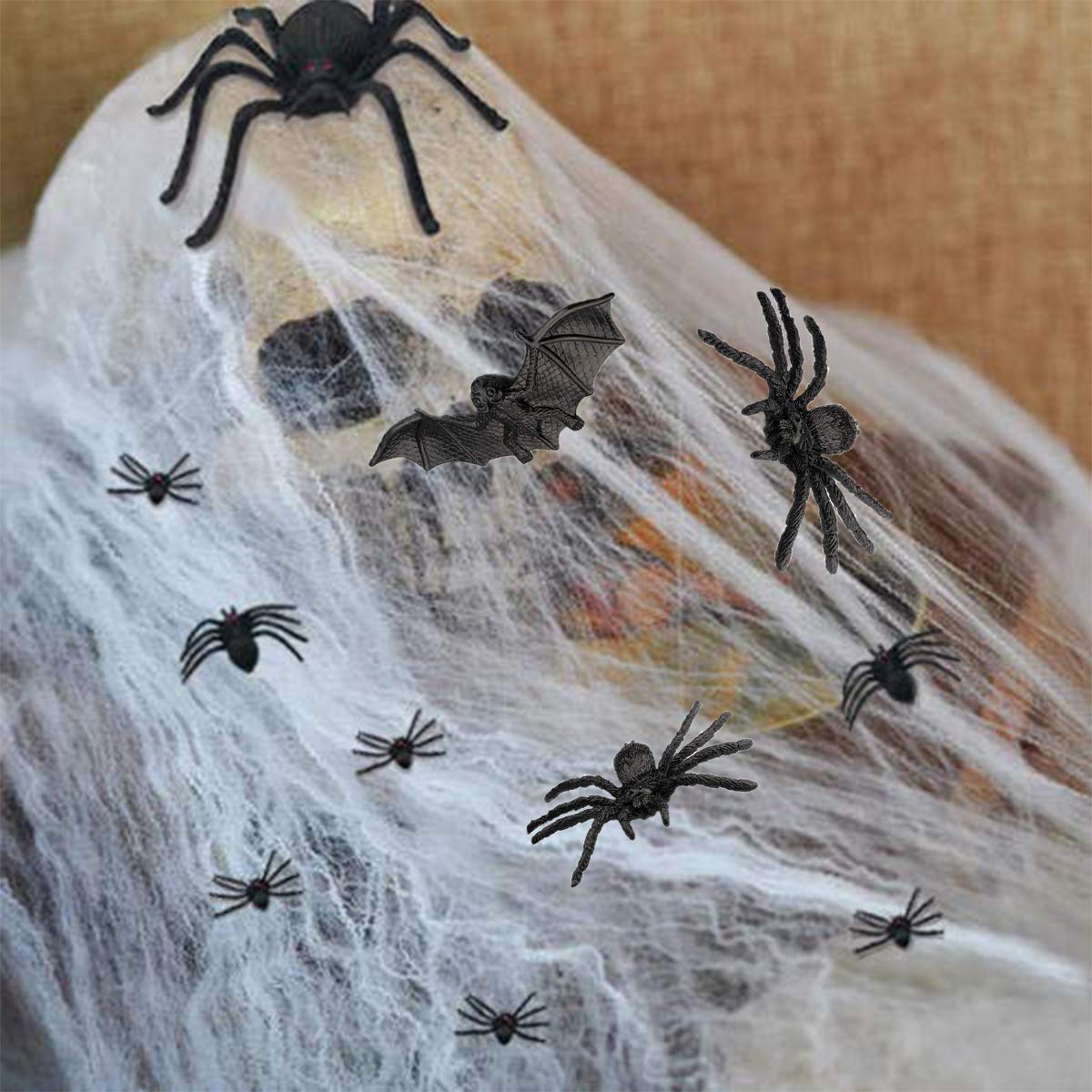 71 PCS Halloween Fake Spider Decorations Set, Halloween Prank Props, 70 pcs Fake Plastic Spiders in Different Sizes and 100 pcs of Glue Easy to Paste to Walls, Tables, Best for Halloween Decorations