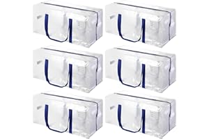 JCBZAMZ 6 Pack Heavy Duty Extra Large Moving Bags with Blue Handles, Waterproof Foldable Storage Totes, Clothing Storage Bags, Packing Moving Boxes for College Supplies & Seasonal Storage, Clear