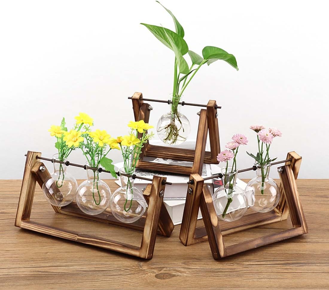 Ivolador Desktop Glass Planter Bulb Vase Bulb Plant Terrarium with Retro Solid Wooden Stand and Metal Swivel Holder for Hydroponics Plants Home Garden Wedding Decor (3 Bulb Vase): Pet Supplies