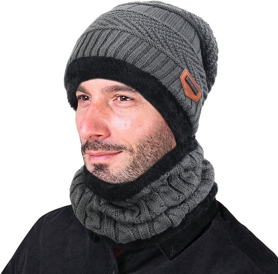 Warm Knitted Hat, Winter Beanie Hat Men with Circle Scarf for Ski and Outdoor Sports