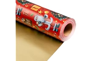 MAYPLUSS Christmas Wrapping Paper Roll - 17IN X 33FT - Red Gift Wrapping Paper Featuring Santa Claus Christmas Tree Snowman Reversible Gold for Kids, Holiday, New Year