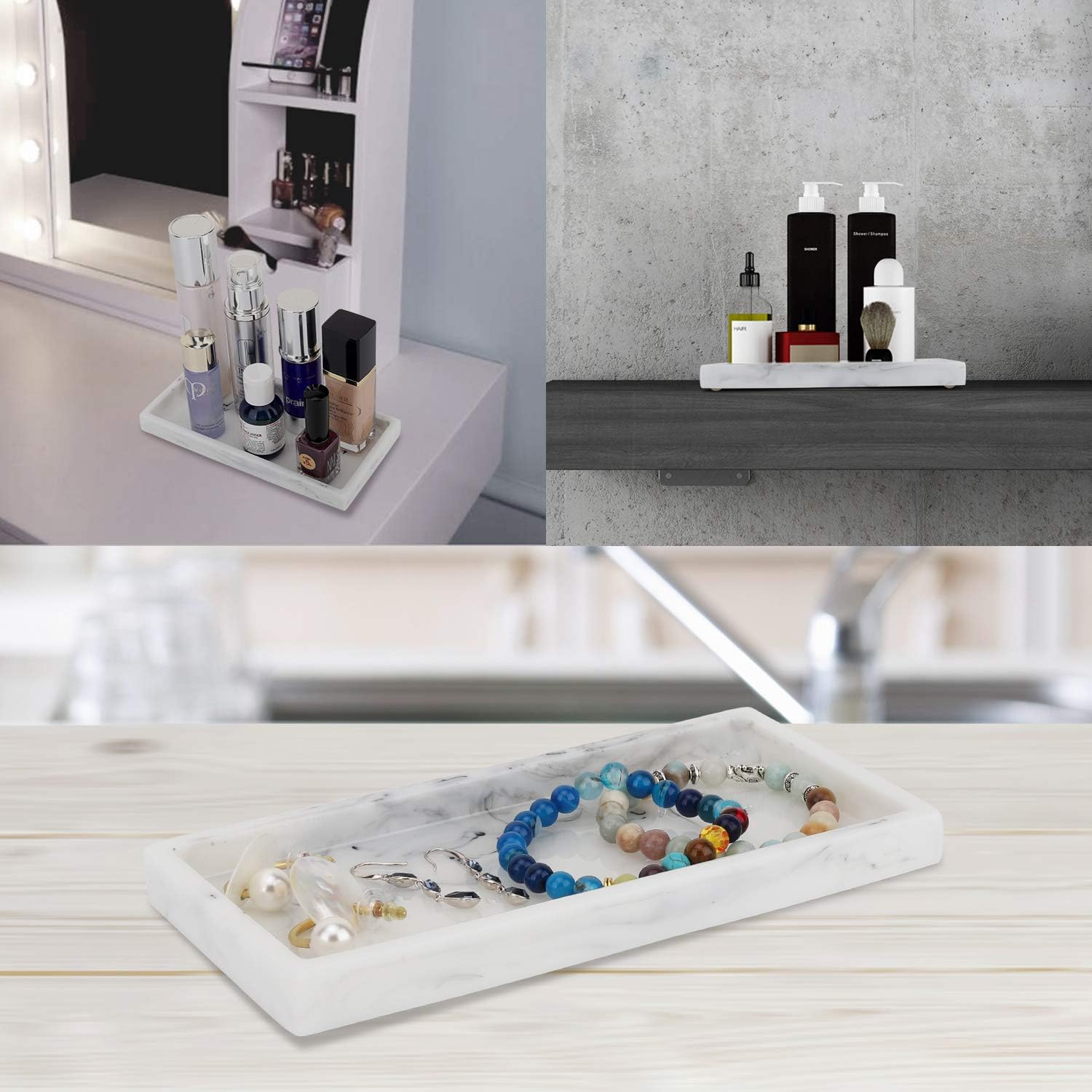Emibele Jewelry Organizer Resin Tray, Bathroom Kitchen Dresser Vanity Tray Jewelry Dish Ring Cosmetic Organizer for Candle Perfume Soap Shampoo Small Plant Home Decor, Mini Size - Marble White: Home & Kitchen