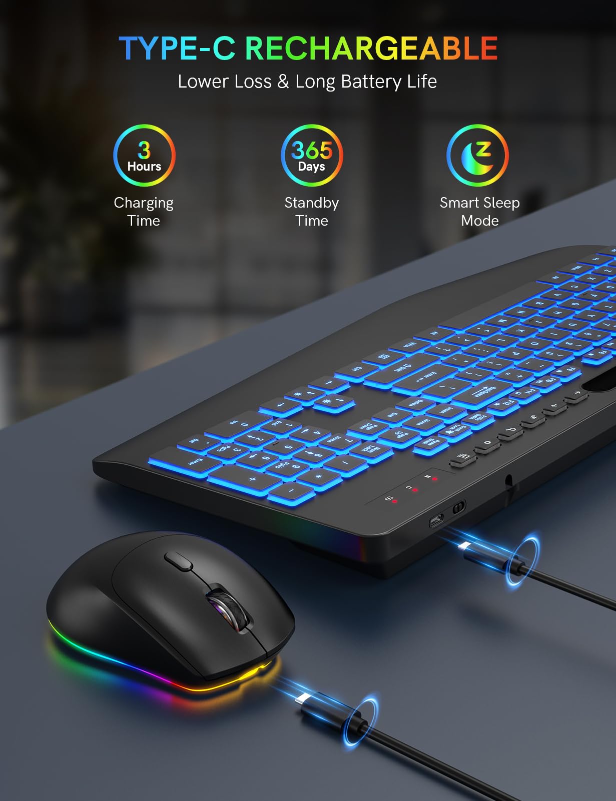 Wireless Keyboard and Mouse Combo- 7-Color Backlit, Wrist Rest, Rechargeable, Silent Light-Up Keys, RGB Mouse, Ergonomic Full Size Keyboard with Phone Holder for Windows, Mac, PC, Laptop - Trueque