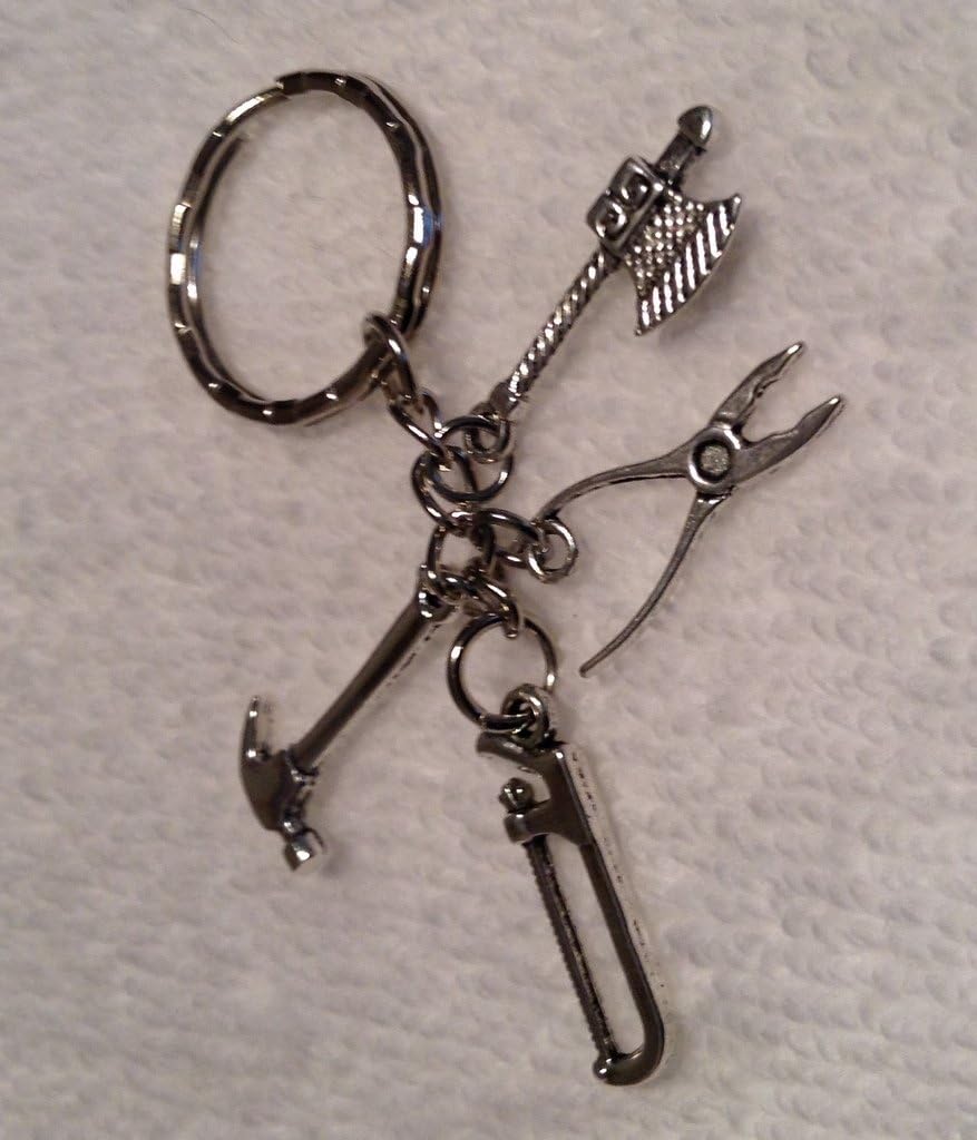 KEYRING DIY dad tools etc with 4 charms pliers , axe chopper, hammer and a saw J66