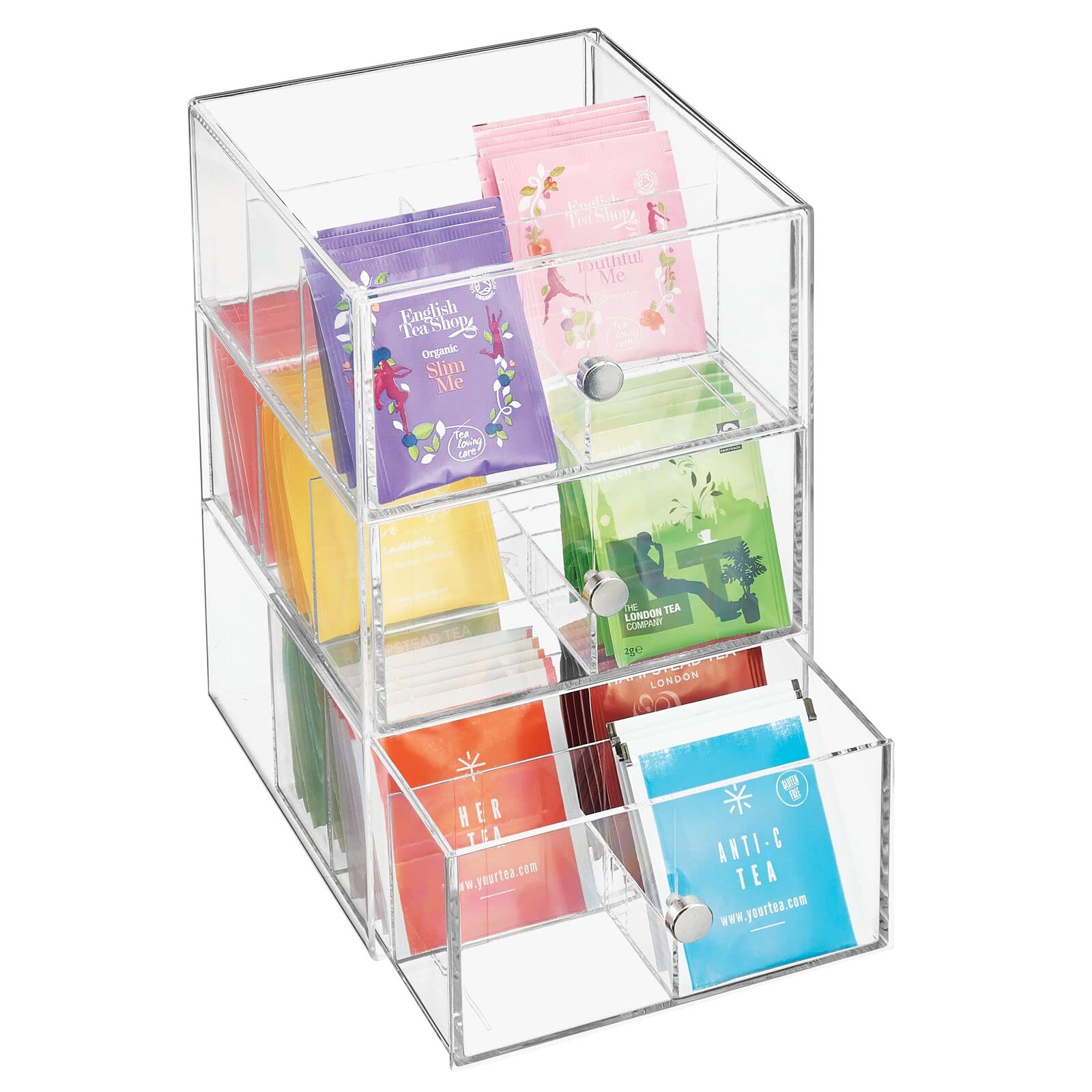 mDesign Kitchen Organiser with 3 Drawers – Storage Box for Tea Bags, Coffee Capsules, Sweeteners and More – Plastic Tea Chest with 18 Compartments – Clear