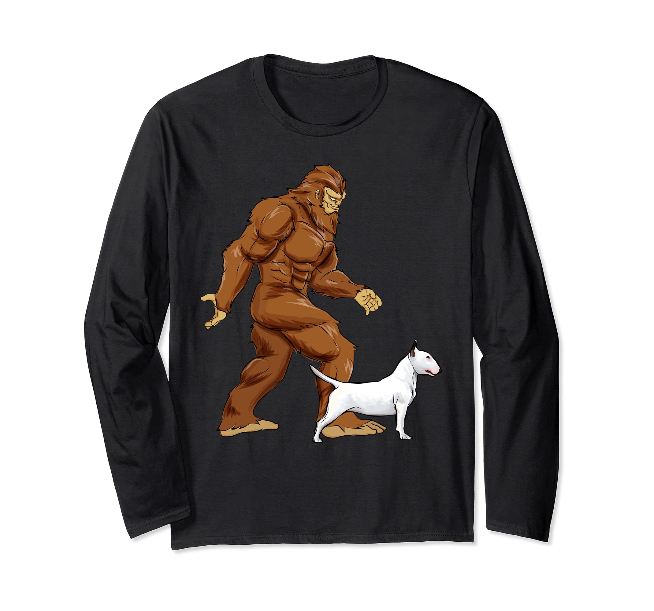 Funny Bigfoot Walking Bull Terrier Sasquatch Dog Long Sleeve T-Shirt