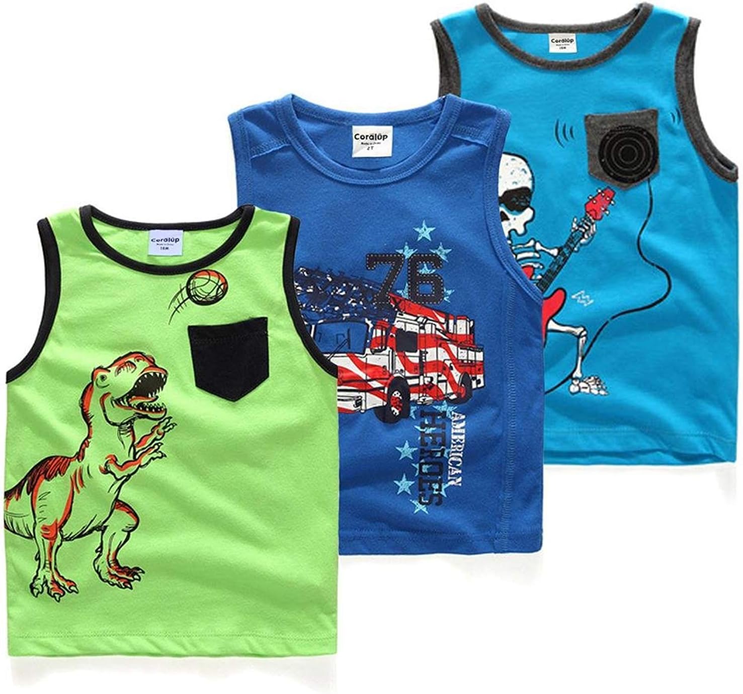 Little Boys Girls 100% Cotton Dinosaur Shark Sleeveless Tops Undershirt 3 Piece Set Comfortable Breathable Coloured 12Months-13Years