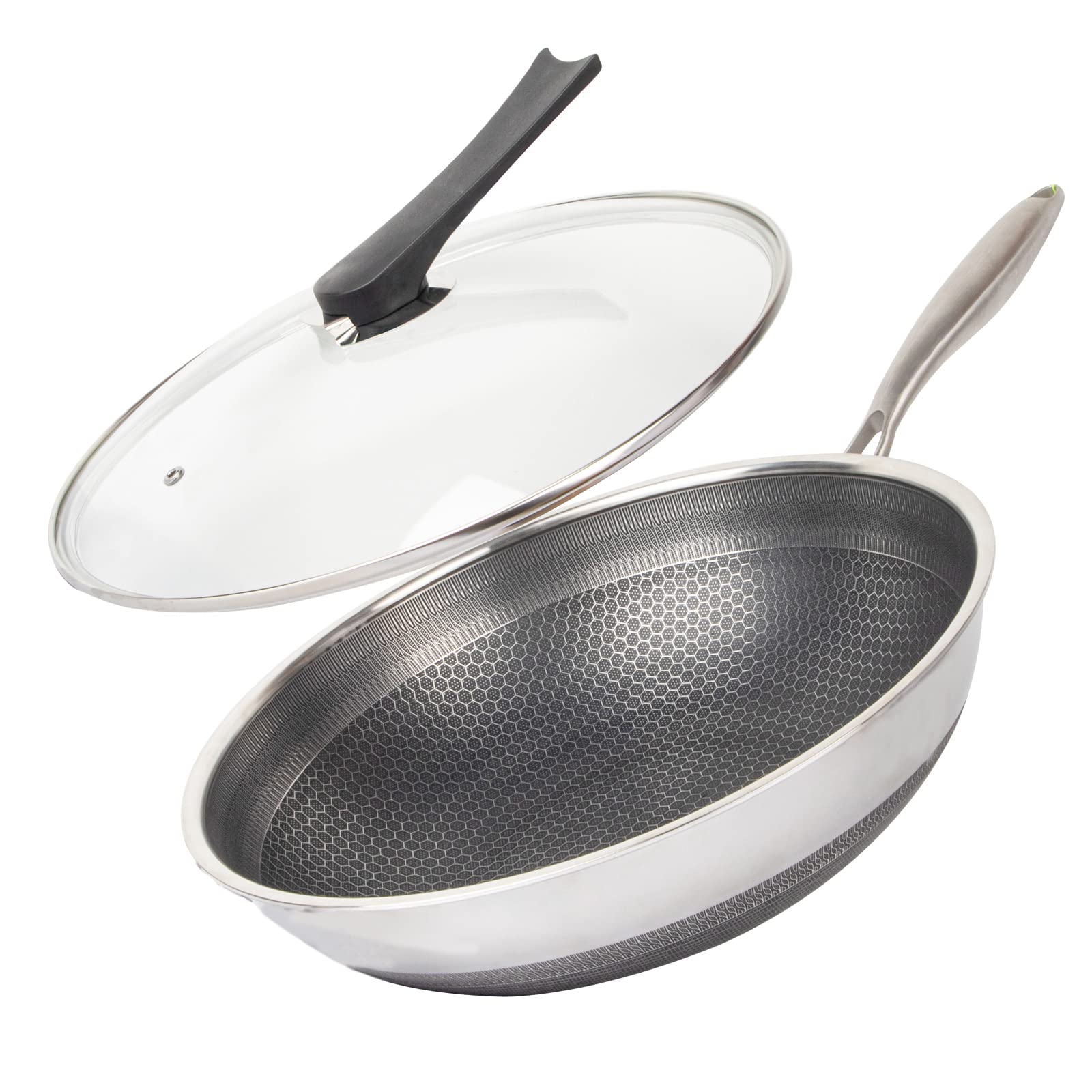 Photo 1 of CATHYLIN 12.5" 316L Stainless Steel Honeycomb Non Stick Wok Pan Stir-fry Wok with Lid,Skillet with Stay-cool Handle PFOA Free Suitable for Induction, Ceramic, Electric, and Gas Cooktops