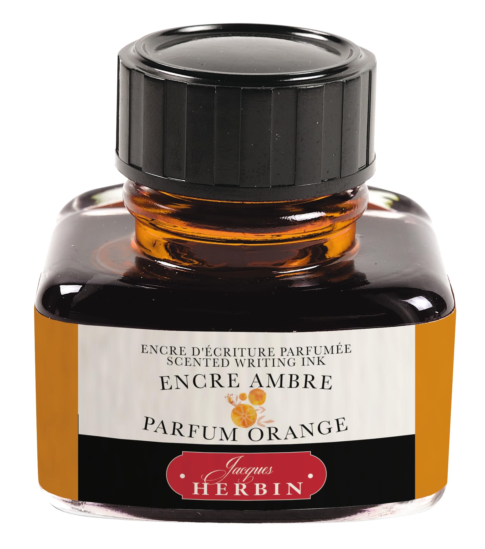 Jacques Herbin 13756T - Flacon d'encre parfumée ''Les subtiles'' for fountain pens and rollerball pens 30 ml, Amber ink and Orange fragrance. Made in France