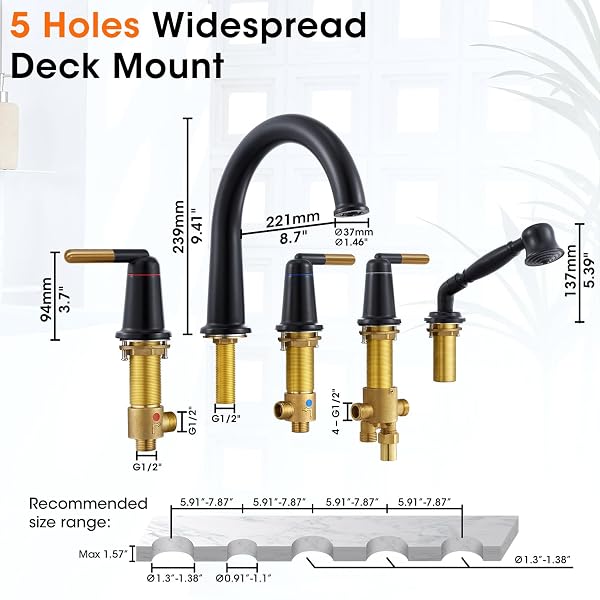 WINTAP BLACK & ROSE GOLD ROMAN BATHTUB FAUCET SET WITH HAND SHOWER & BRASS VALVE 5 HOLE 3 HANDLE WIDESPREAD DECK MOUNT TUB FILLER CLASSIC VINTAGE HIGH ARC GOOSENECK SPOUT TUB FAUCETS