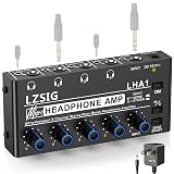 LZSIG Headphone Amplifier 4 Channel, Metal Stereo Audio Amplifier with Bass Boost, Mini Earphone Splitter with Power Adapter, 1/4" & 1/8" TRS Headphones Output & TRS Audio Input, DC 12V