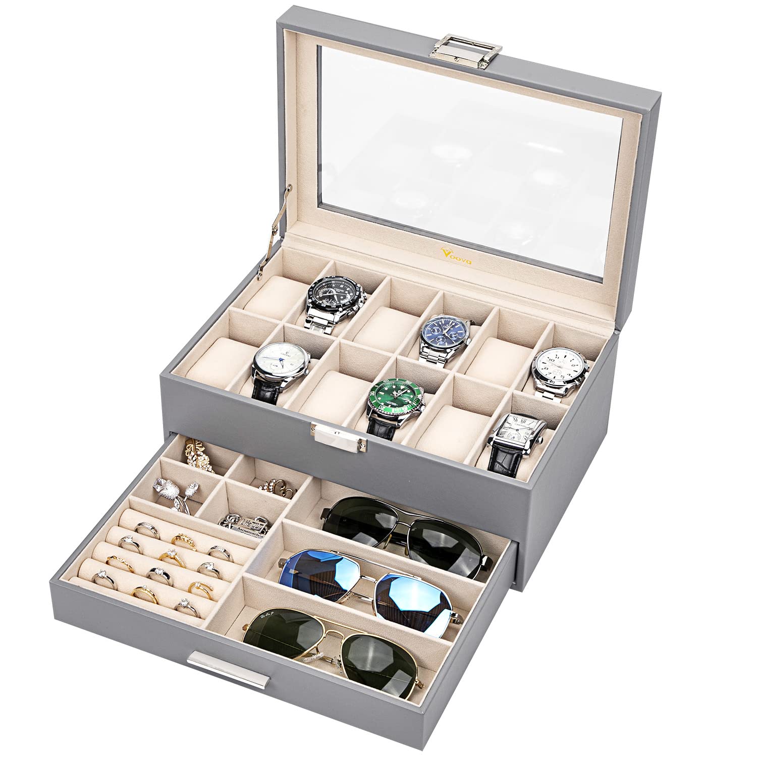 Voova Watch Boxes Organiser Jewellery Box for Men Women,2 Layer Large 12 Slot PU Leather Watch Storage Case, Glass Top Jewelry Display Holder for Watches Sunglasses Rings Necklaces Bracelets,Grey