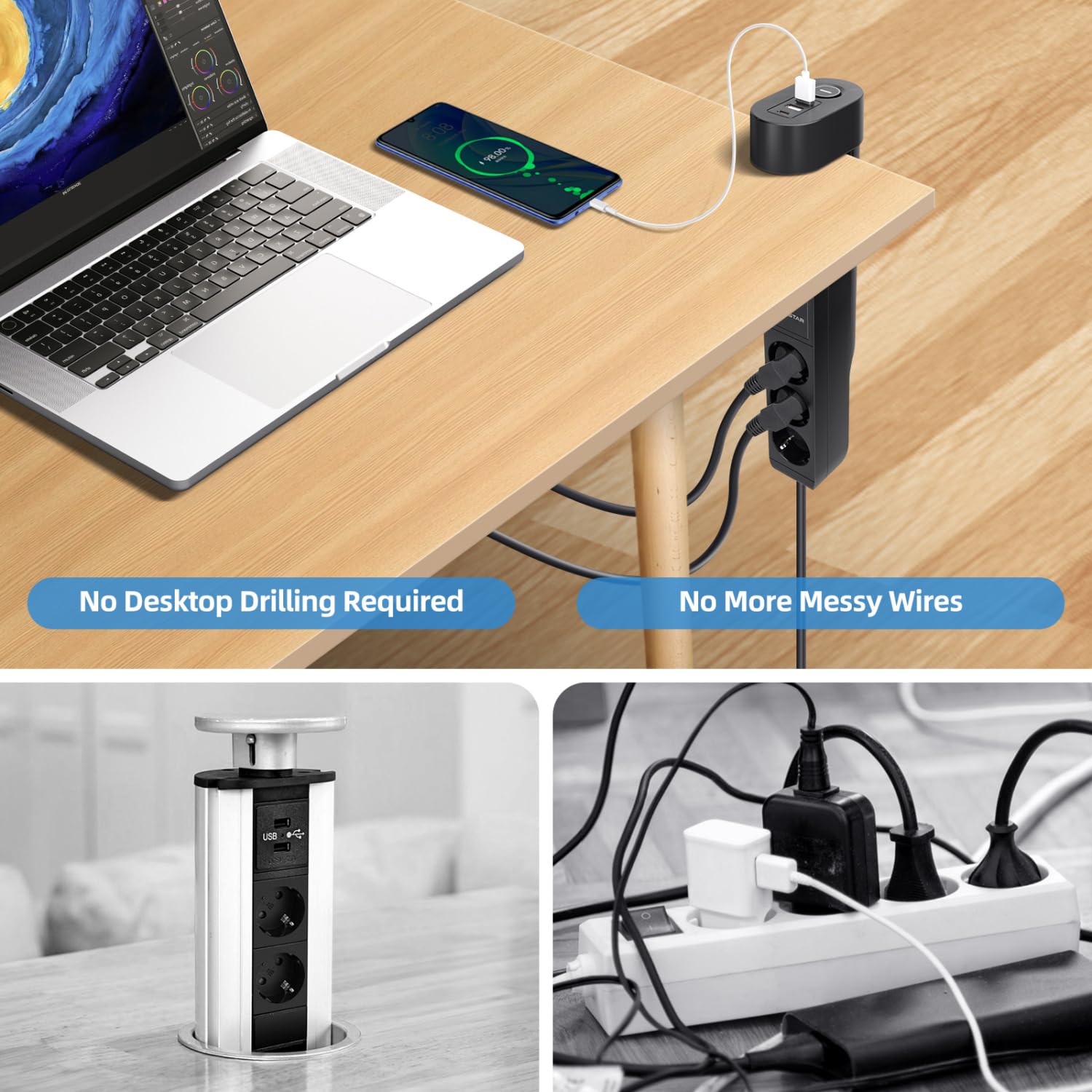 Aigostar Tischsteckdose 3-Fach mit Schalter, Steckdosenleiste mit Tischclip, Steckerleiste mit 3 USB, 6 in 1 Mehrfachsteckdose,1.4M Kabel, Schwarz 4