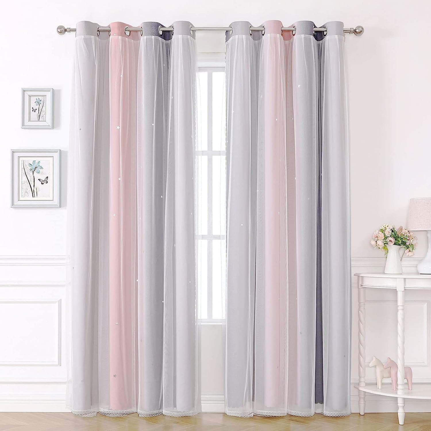 KAHEAUM Blackout & Voile Curtains - 2 Panel, 52 x 84 inch, Thermal for Winter, Kids & Bedroom, White & Pink