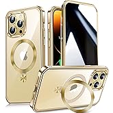 [CD Metal Ring Stand + Built-in Privacy Screen Protector] Magnetic Case for iPhone 14 Pro Max 6.7" [Soft Bumper Full Signal] [Compatible with MagSafe] 9H Glass Full Body Shockproof Clear Case, Gold