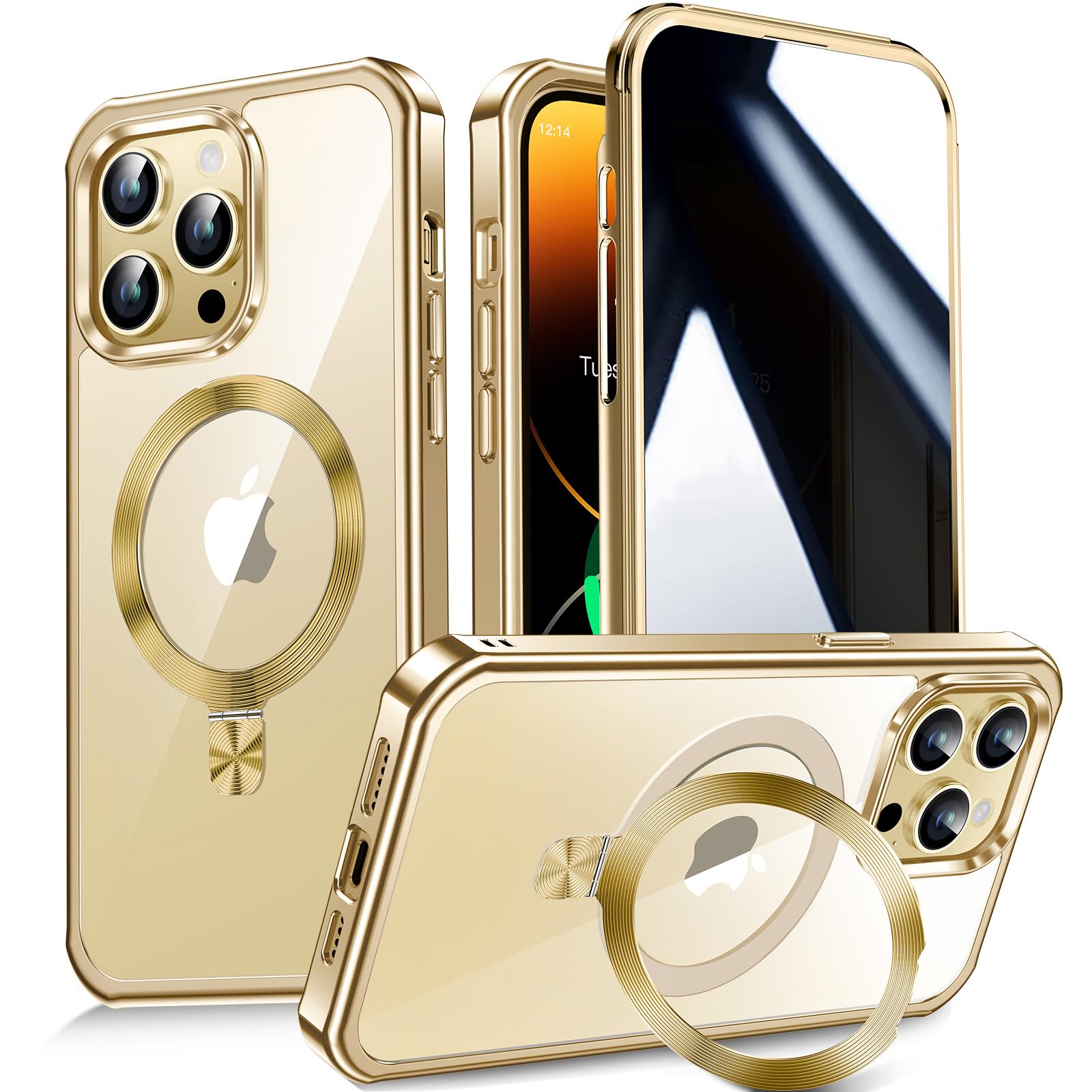 Photo 1 of [CD Metal Ring Stand + Built-in Privacy Screen Protector] Magnetic Case for iPhone 14 Pro 6.1" [Soft Bumper Full Signal] [Compatible with MagSafe] 9H Glass Full Body Shockproof Clear Case, Gold