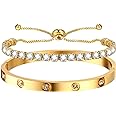 MPRAINBOW 2pcs Gold Chain Link Bracelet, Stainless Steel Crystal Friendship Bracelets Bangle,Watch Band Chains Wristband Jewelry with Adjust Tool