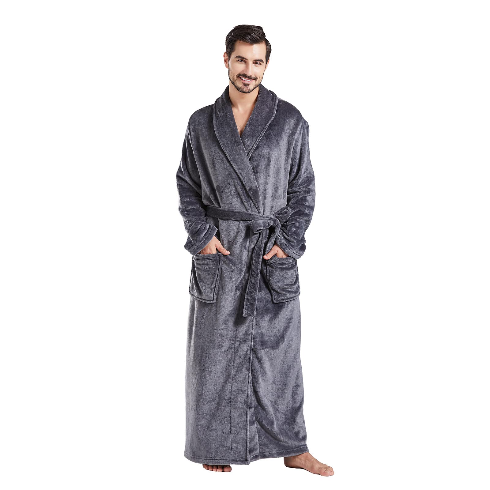 Grey Robe Men FashGudim Mens Robes Big and Tall Full Length Plush Fleece Long Robe ...