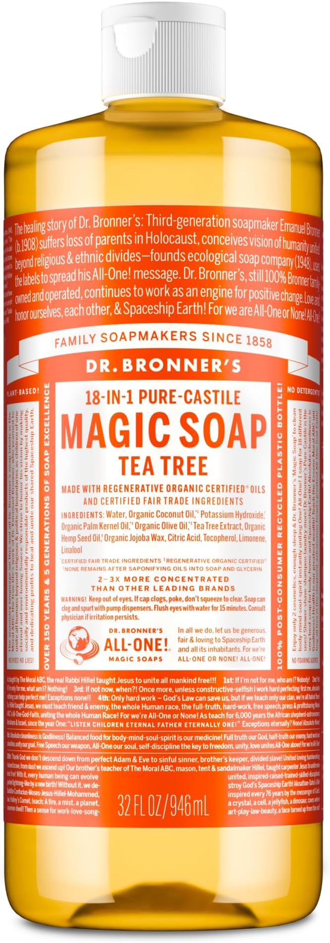 Dr. Bronner's Tea Tree Castile Liquid Soap Organic 946 ml