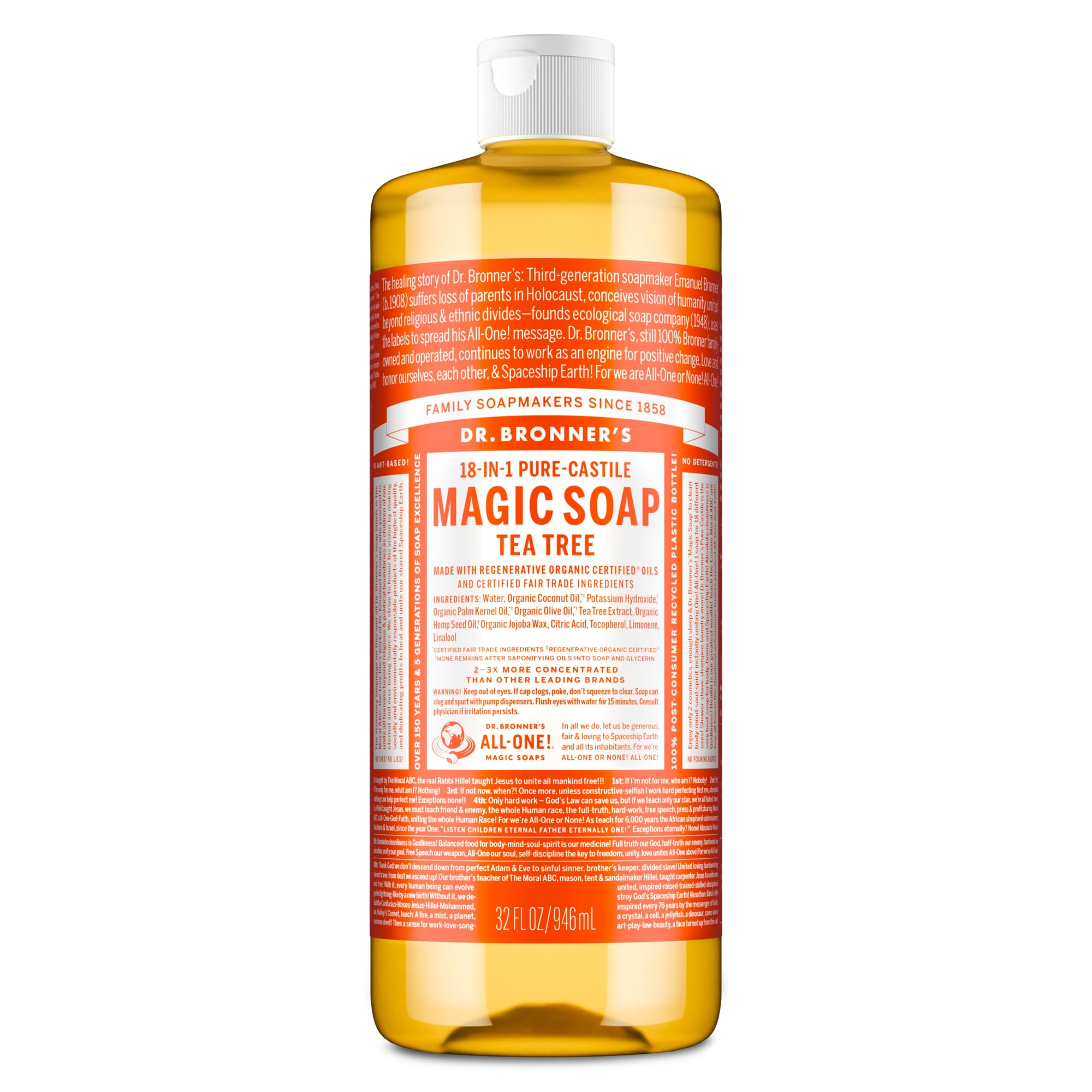 Dr. Bronner's Magic Soaps Pure-Castile Soap, 18-in-1 Hemp Tea Tree, 32-Ounce Bottle