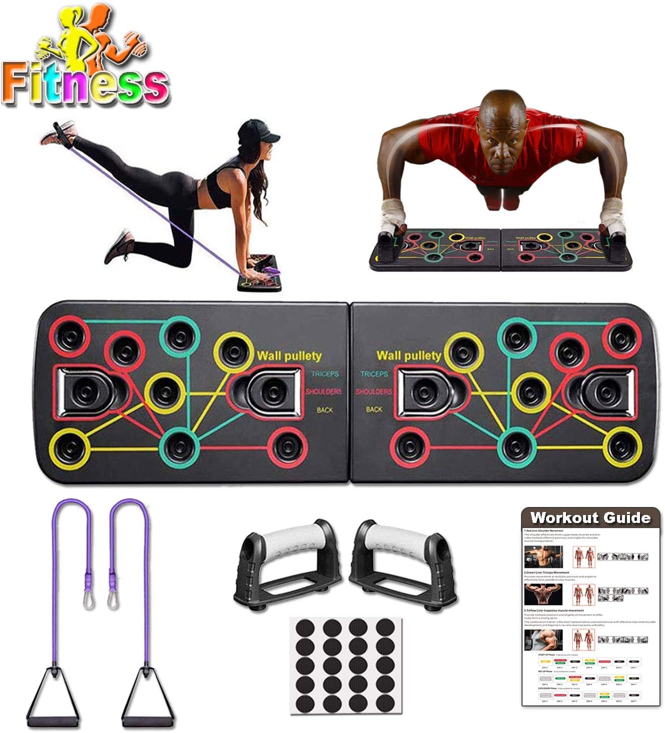 Home Fitness Muscle Board Push Up Equipment, Multi-color Gym Exercise Push Up Rack Board with Drawstring for Men Women Home Fitness Training (Workout Sheet)