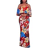 Suimiki Vintage Ruffle Plain Floral Printed Off Shoulder Bodycon Long Party Maxi Dress Red Style-2 Small