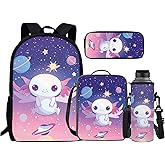 JEOCODY Cute Axolotl School Backpack and Lunch Box for Girls School Bags Set Elementary School Bags with Pencil Case and Bottle Holder for Kindergarten Primary School Bookbag Set of 4