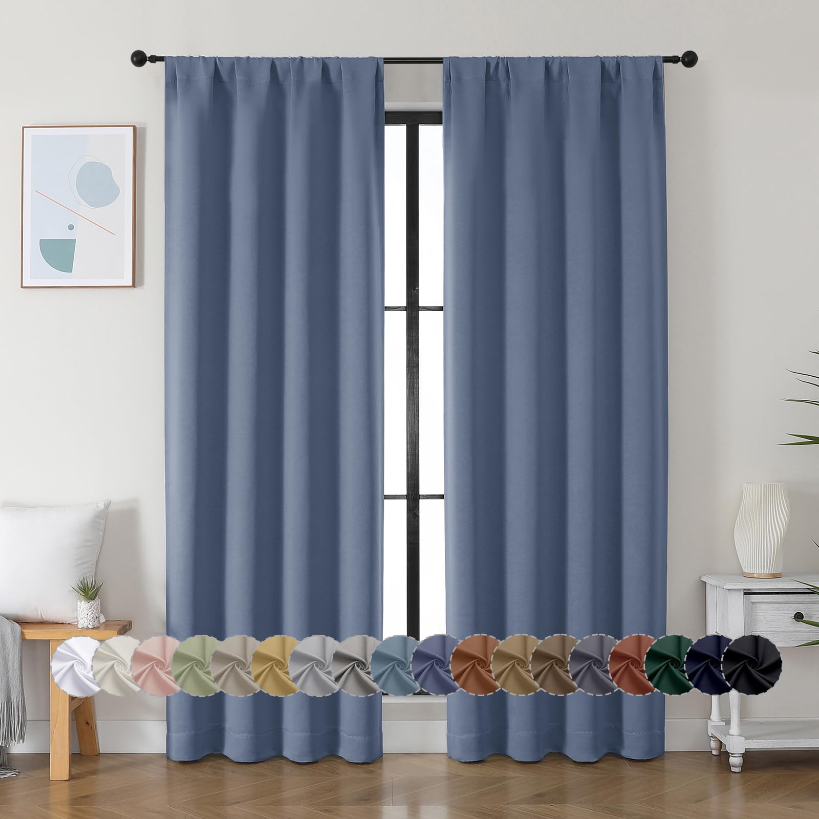 Photo 1 of Simplebrand Ava Denim Blue Blackout Curtains for Bedroom 84 Inch Length 2 Panels Set, Solid Thermal Insulated Privacy Living Room Window Treatment Curtains Blackout Drapes, W40 x L84 Inch, Denim Blue
