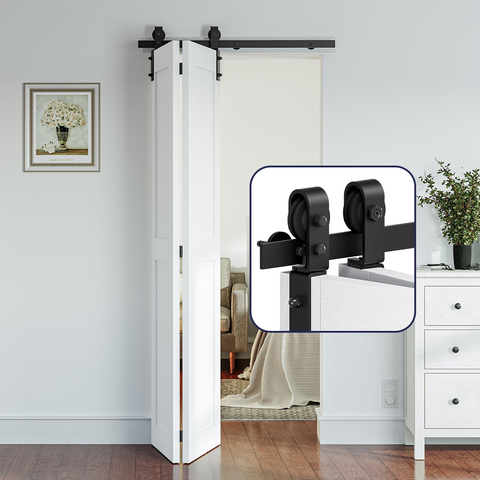 Photo 1 of SMARTSTANDARD 8ft/96" Bi-folding Sliding Barn Door Hardware Kit, Bifold Barn Door Hardware Kit Heavy Duty Sturdy Side Mounted For 4 Doors -Smoothly and Quietly-Easy to Install, Fit 92'' Door, No Doors