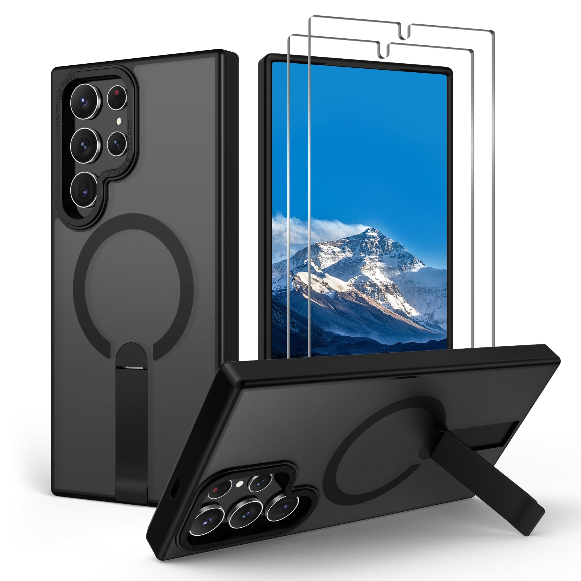 Aropuktek for S22-Ultra Case: with 2 PCS Screen Protector for Galaxy S22 Ultra Case, Strong Magnetic Compatible with MagSafe, Built-in Stand, Matte Translucent Case for Samsung Galaxy S22 Ultra, Black