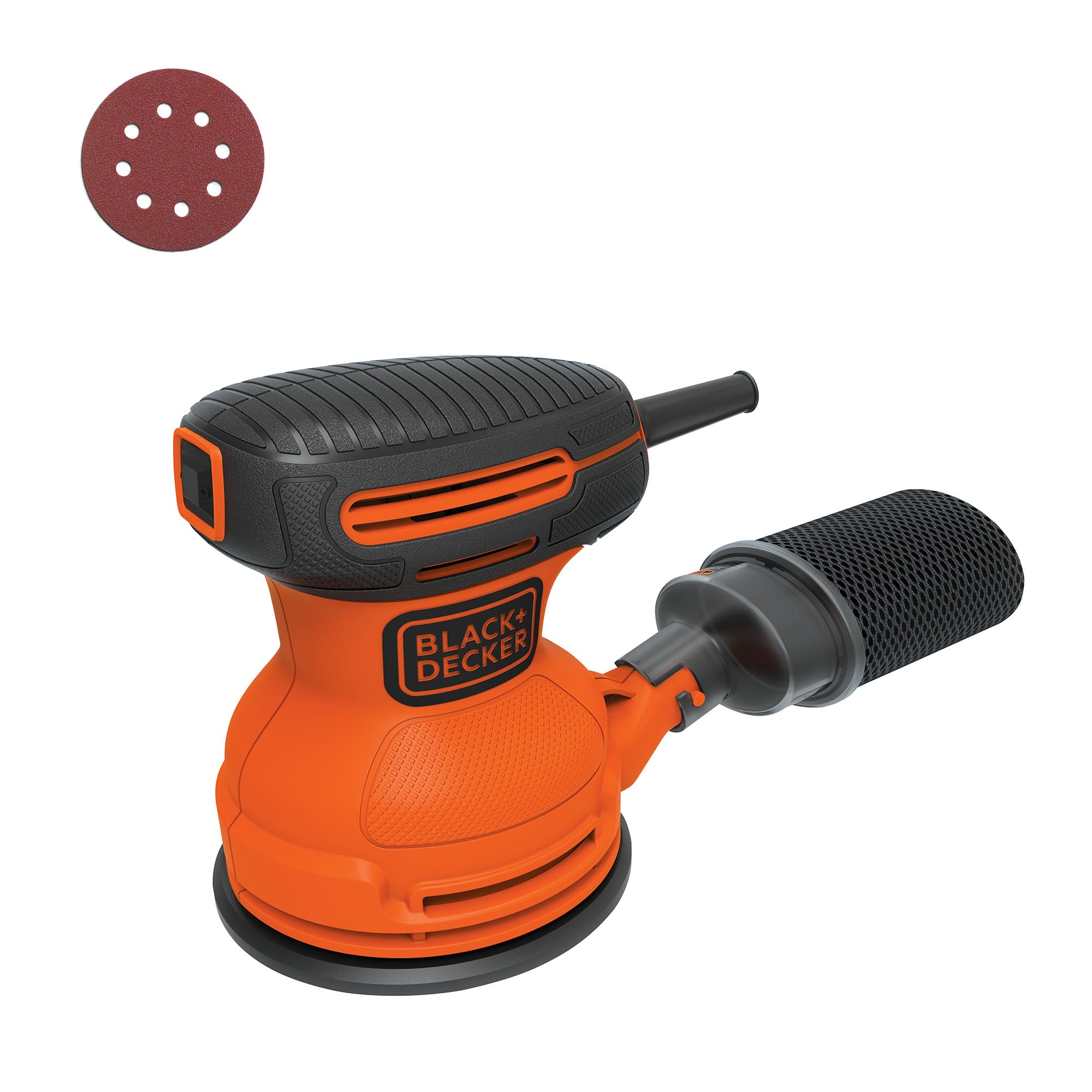 Lijadora orbital BLACK+DECKER, 5 pulgadas, 2,0 amperios, 12000 OPM, con cable, 1 hoja de papel de lija y bolsa para el polvo incluidas (BDERO100)