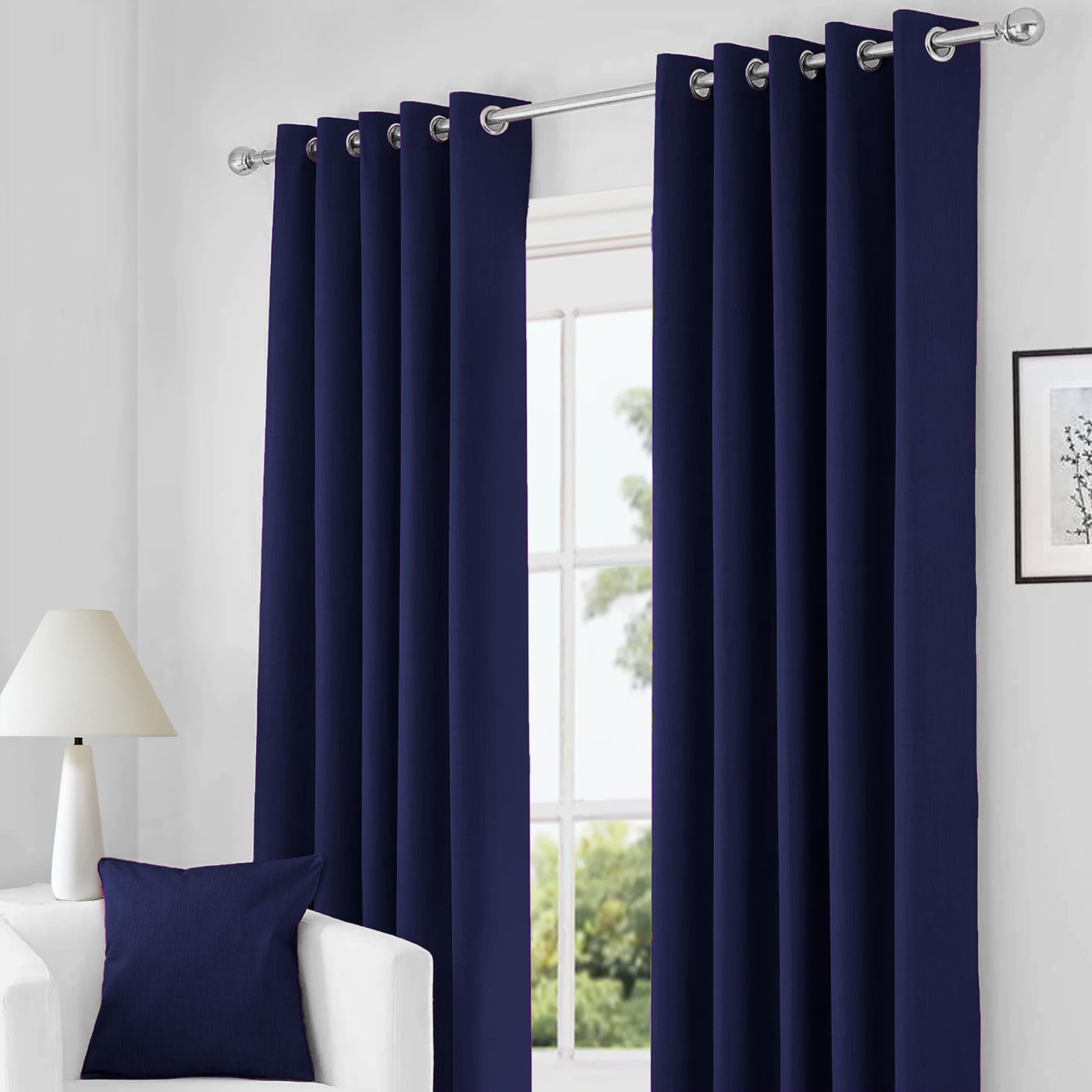 RayyanLinen Readymade Blackout Thermal Eyelet Ring Top Pair of Curtains Including 2 free Tiebacks (NAVY BLUE, Width 66" x Drop 90")