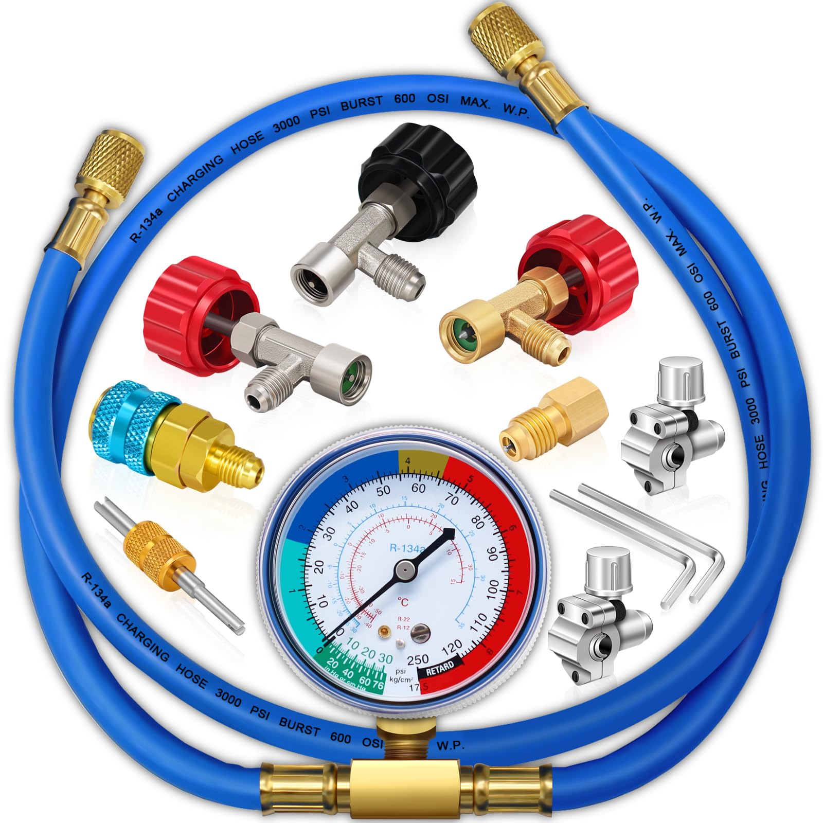 Photo 1 of Boltigen R134a Refrigerant Recharging Hose with Gauge, A/C R134A Refrigerator Freon Recharge Kit with Bullet Piercing Valves, R134a R12 R22 Can Tap Valves, R134a Quick Coupler