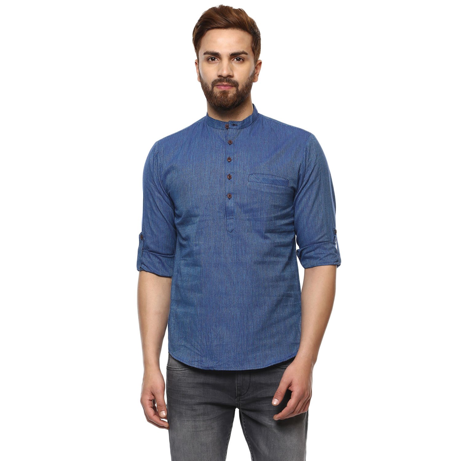 baali men's cotton stripes printed dark blue colour roll-up short kurta