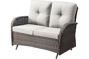 Belord Outdoor Glider Bench Patio Loveseat - 500 Lbs Weight Capacity 2 Seater Wicker Sofa, Small Porch Glider Furniture All Weather Rattan Couch with Removble Cushion for Balcony Deck Backyard, Brown