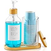 VITVITI Mouthwash Dispenser for Bathroom, Mouth Wash Pump Bottle with Paper Cup Holder, 17Oz Refillable Clear Mouthwash Container with Bamboo Lid/Tray/Label