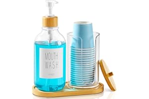 VITVITI Mouthwash Dispenser for Bathroom, Mouth Wash Pump Bottle with Paper Cup Holder, 17Oz Refillable Clear Mouthwash Container with Bamboo Lid/Tray/Label
