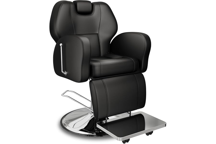 Baasha Premium Black Reclining Barber Chair, Professional Salon Seat with Soft Leather Upholstery and Adjustable Headrest, Comfortable for Braiding and Styling