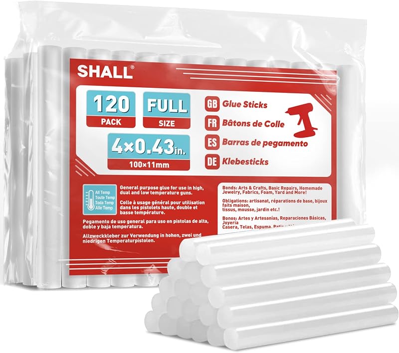 Shall Full Size Hot Glue Sticks 0.43x4 inch 120 Pack Clear for All-Temp Glue