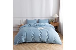 TAZMKEZM Sky Blue Duvet Cover 100% Washed Cotton Duvet Cover Queen Size（90x90 Inch）,1 Pieces Luxury Soft Bedding with Zipper Closure.Solid Color Pattern Duvet Cover