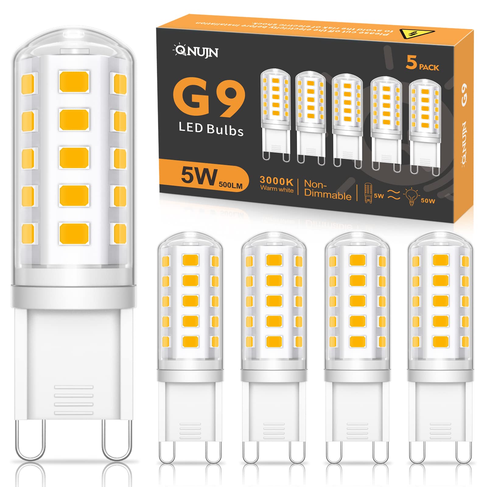 QNUJN G9 Led Bulbs Warm White, 5W, 500LM, 3000K, Equivalent to 50W Halogen, Non-Dimmable Energy Saving Light Bulb for Home Lighting Decor, Chandelier, Wall Light, Crystal Lamp-5 Packs — image 1