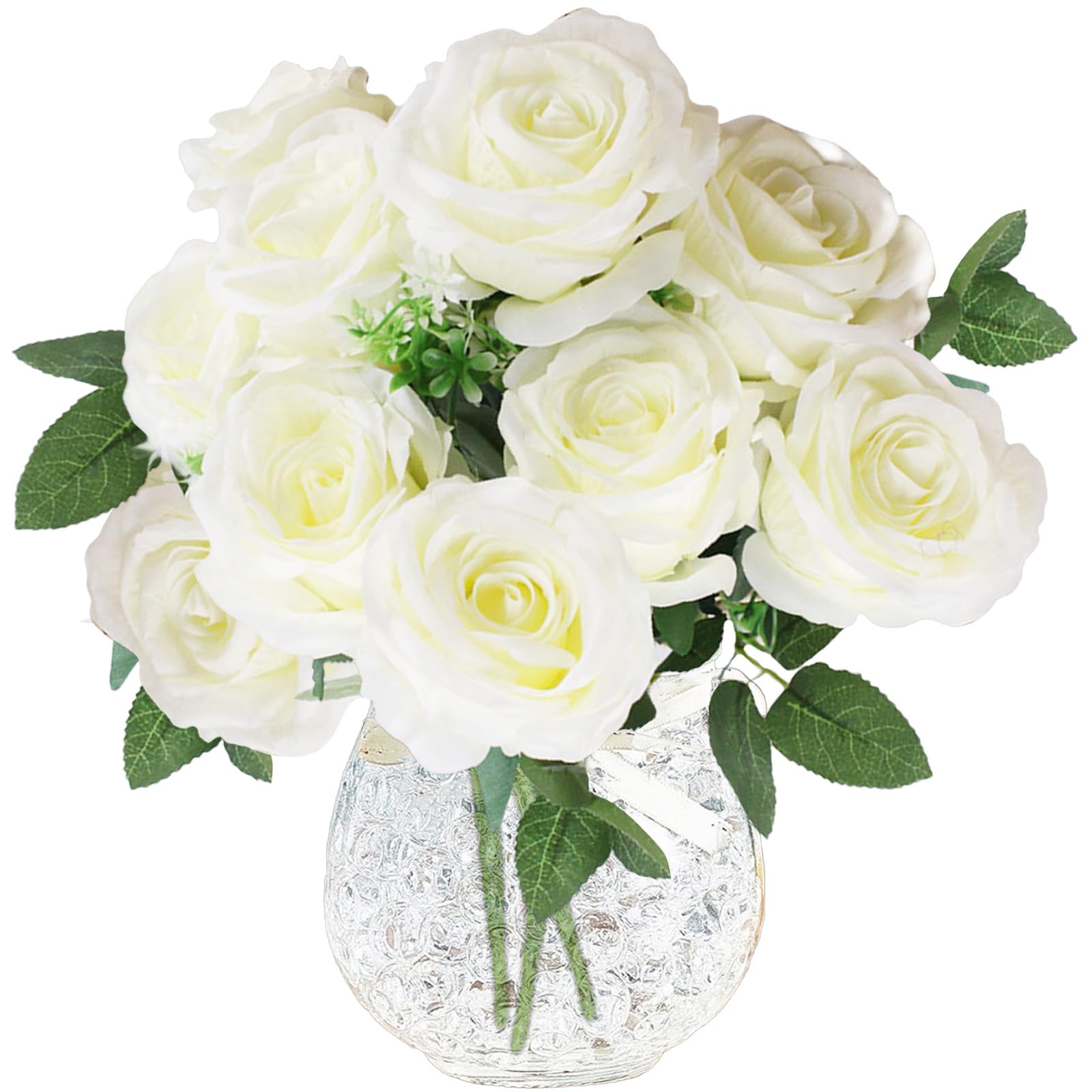 astylishome Decorative Artificial Flowers White Fake Roses 10 Pcs Faux Rose Flower Craft Accessories with Stems for Home Wedding Hotel Office Centerpiece Decor 1208