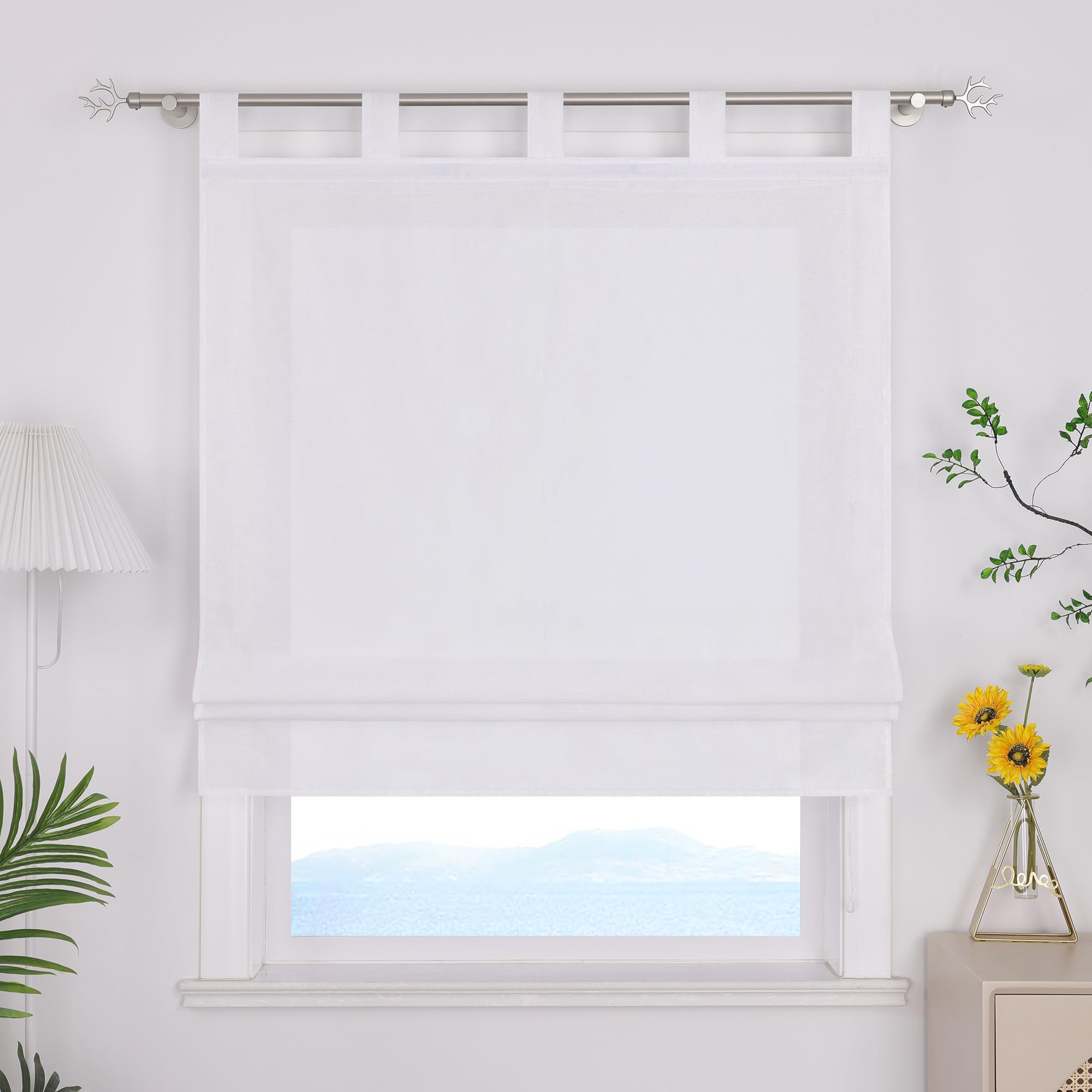 ESLIR Roman Blind with Loops Solid Color Curtains Kitchen Blackout Roman Curtains Living Room Tab-Top Roller Blind for Windows No Drilling White W x H 80 x 140 cm Pack of 1