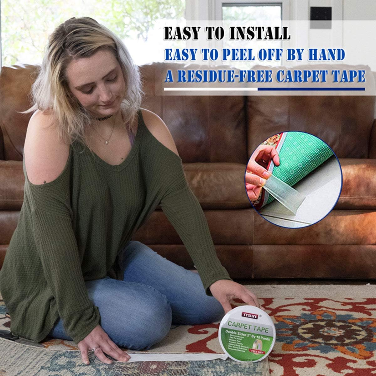 YYXLIFE Double Sided Carpet Tape for Area Rugs Carpet Adhesive Rug Gripper Removable Multi-Purpose Rug Tape Cloth for Hardwood Floors, Outdoor Rugs, Carpets.Heavy Duty Sticky Tape, 2Inch x 10 Yards, White - - 