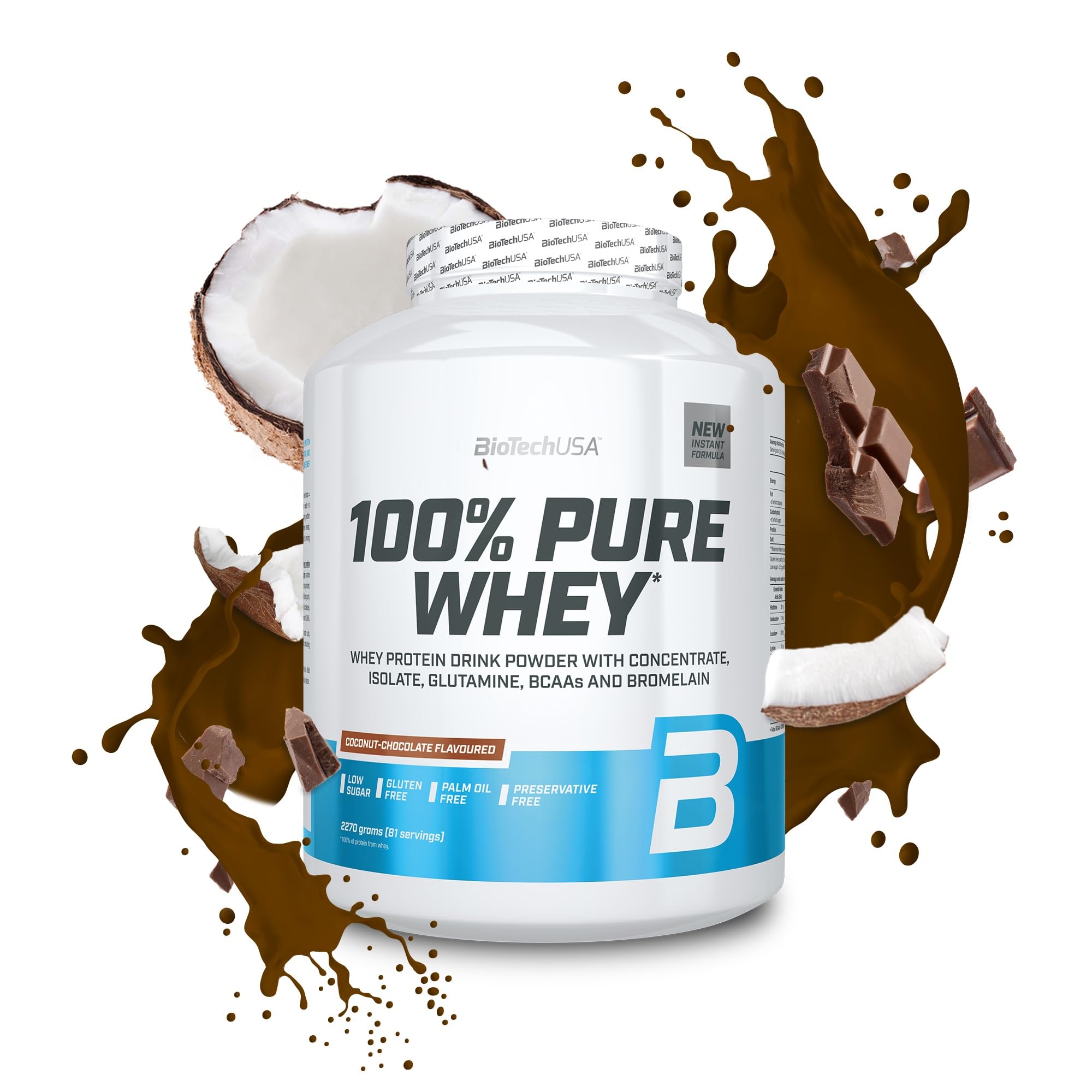 BioTechUSA 100% Pure Whey | Protein Powder with BCAA and Glutamine | Gluten-Free, Palm Oil Free | 21g Protein per Serving, 2.27 kg, Coconut-Chocolate