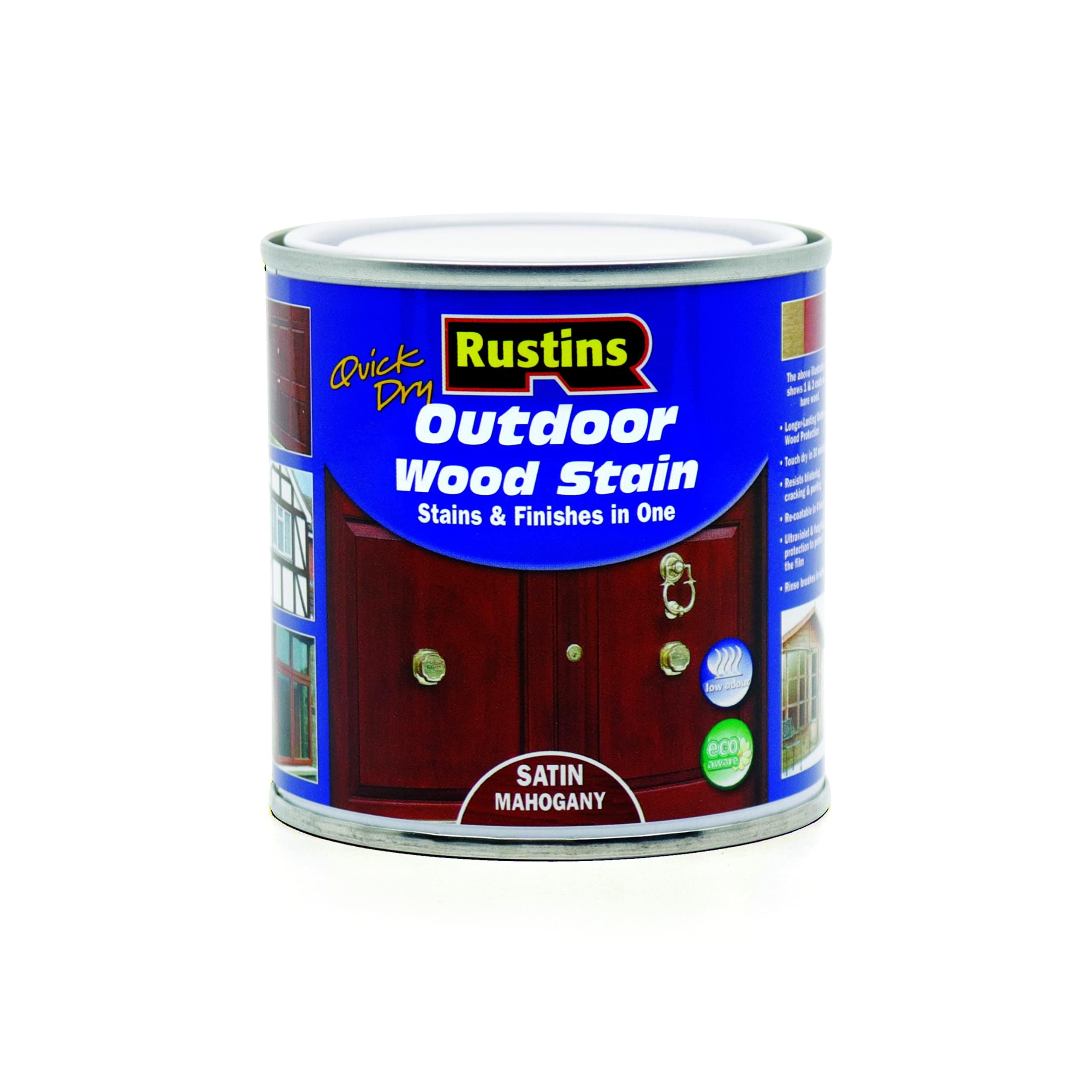 Rustins Quick Dry Outdoor Wood Stain Satin Mahogany 250ml- Durable and Weather-Resistant Finish, Fast Drying, Vibrant Color for Decks, Fences, & Furniture, Available in Many Wood Shades