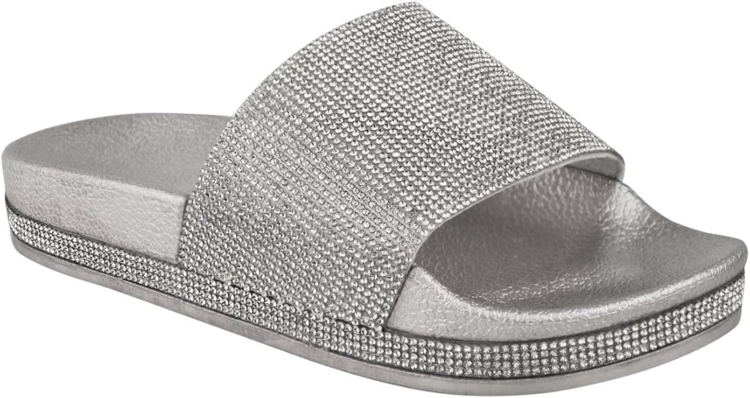 Womens Ladies Flats Sliders Diamante Sparkly Slip On Diamante Sparkly